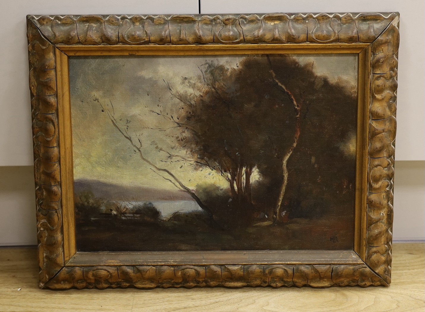 English School c.1920, oil on canvas board, Lakeside landscape, monogrammed MR, 24 x 34cm